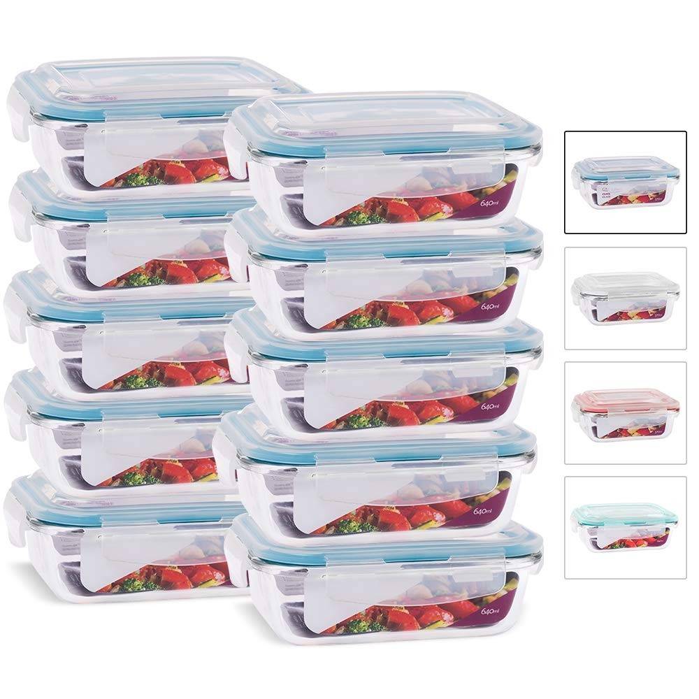KIT 10 Potes de Vidro Retangular com Tampa Hermética 640ml - Cor Azul | Alimentos Frescos por Mais Tempo