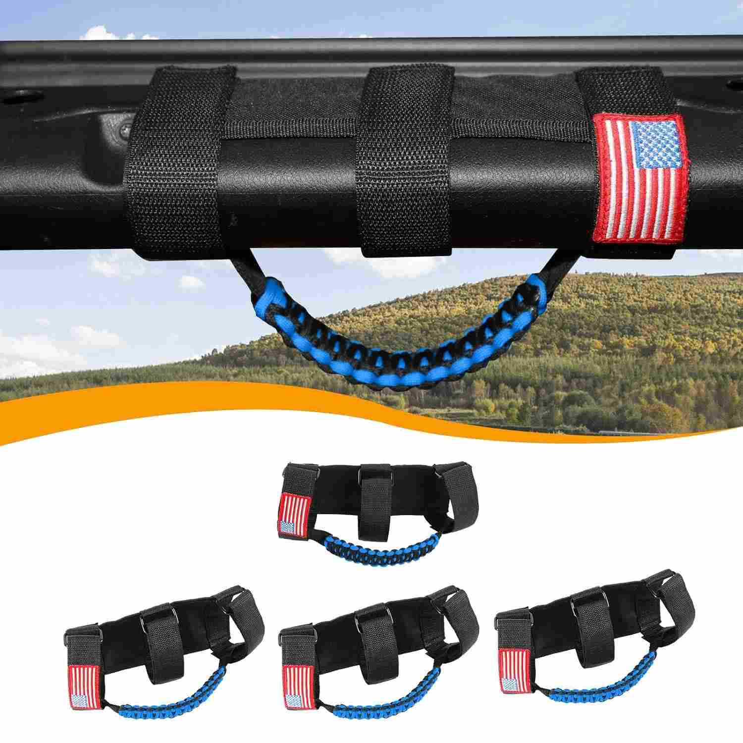 Manoplas de Barra de Rolagem Hoolcar Paracord para Jeep Wrangler JK JKU JL JLU TJ YJ Gladiator JT - Preto e Azul com Bandeira Americana