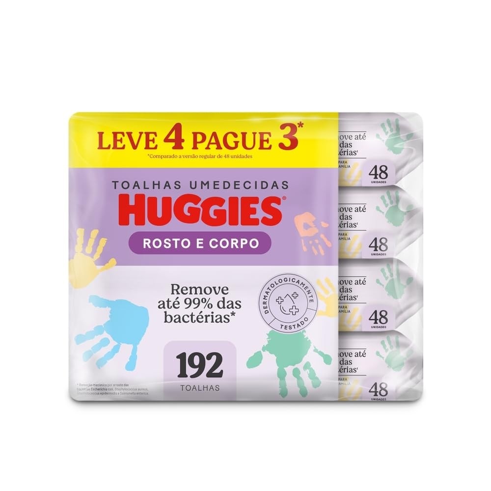 Huggies Lenços Umedecidos Rosto e Corpo - Limpeza Profunda com 99% de Remoção de Bactérias | 4 Pacotes com 48 Unidades