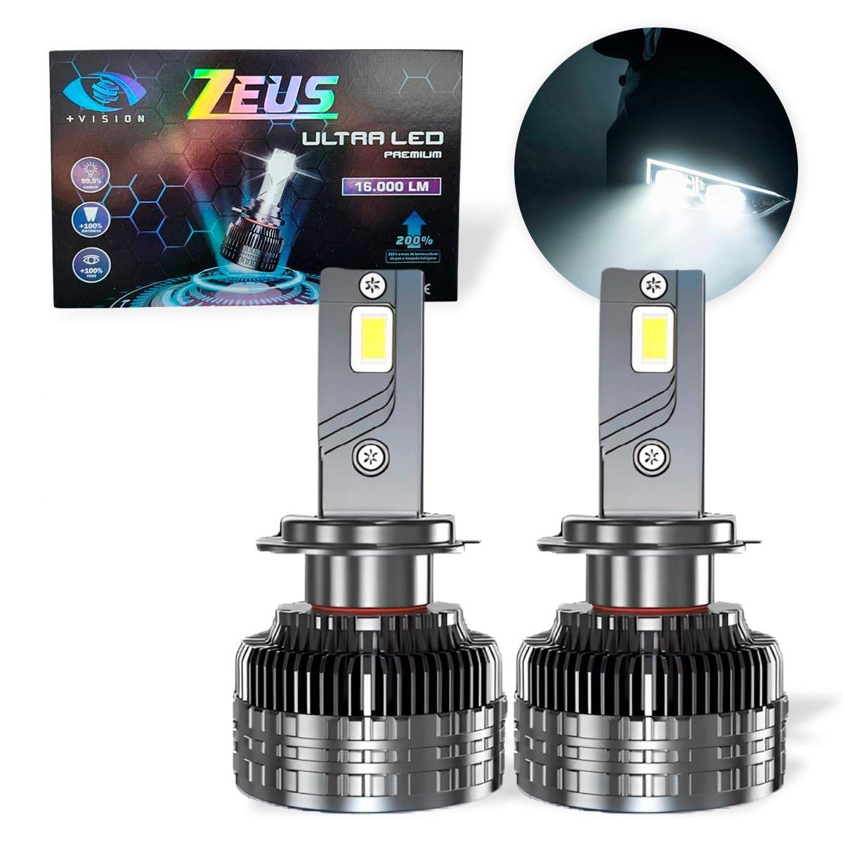 Kit Lâmpada Ultra LED Zeus 16.000 Lm 6000K H7 Canceller Premium - Visão Noturna Imbatível