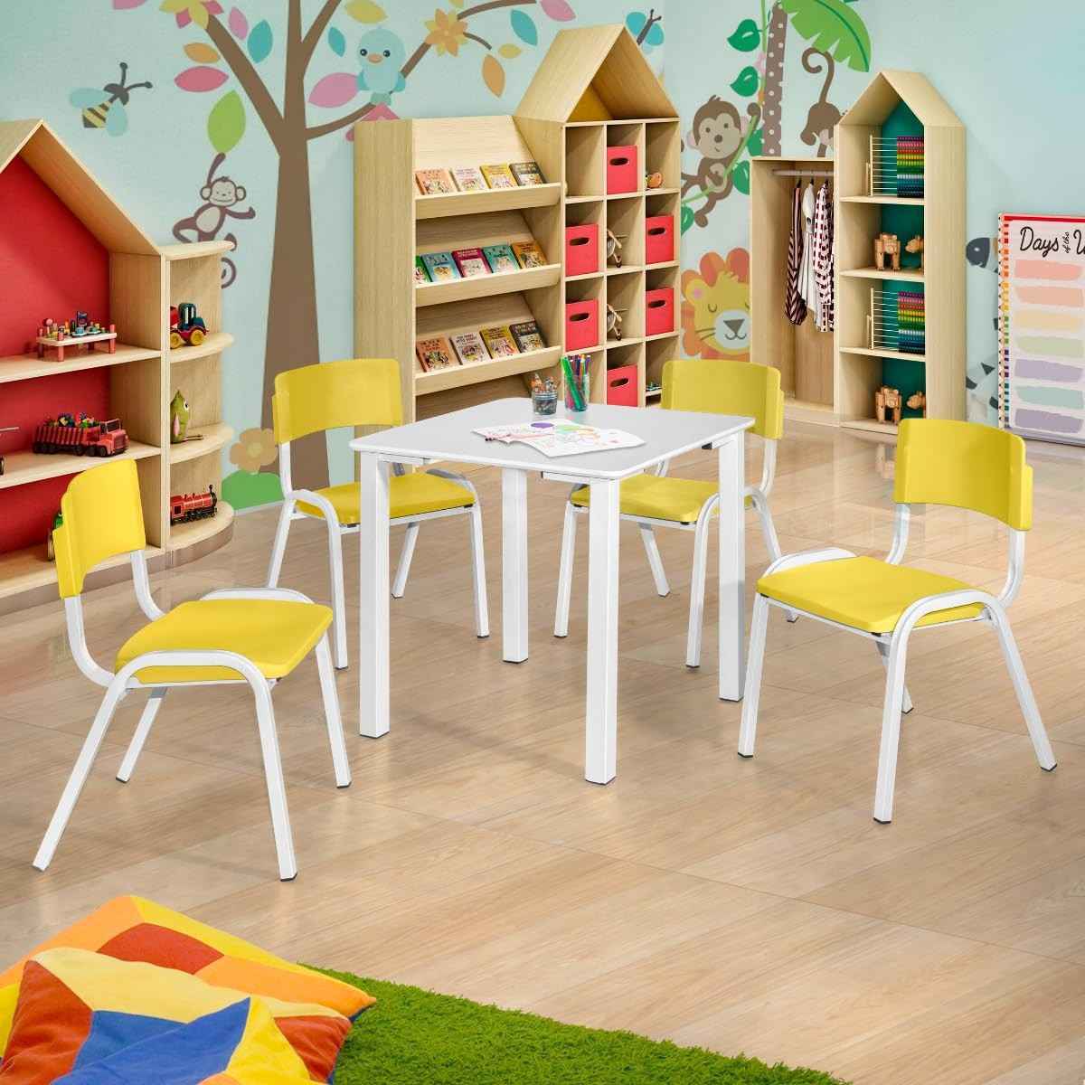 Conjunto Mesa e 4 Cadeiras Infantil Amarela - Ideal para Estudo e Brincadeiras