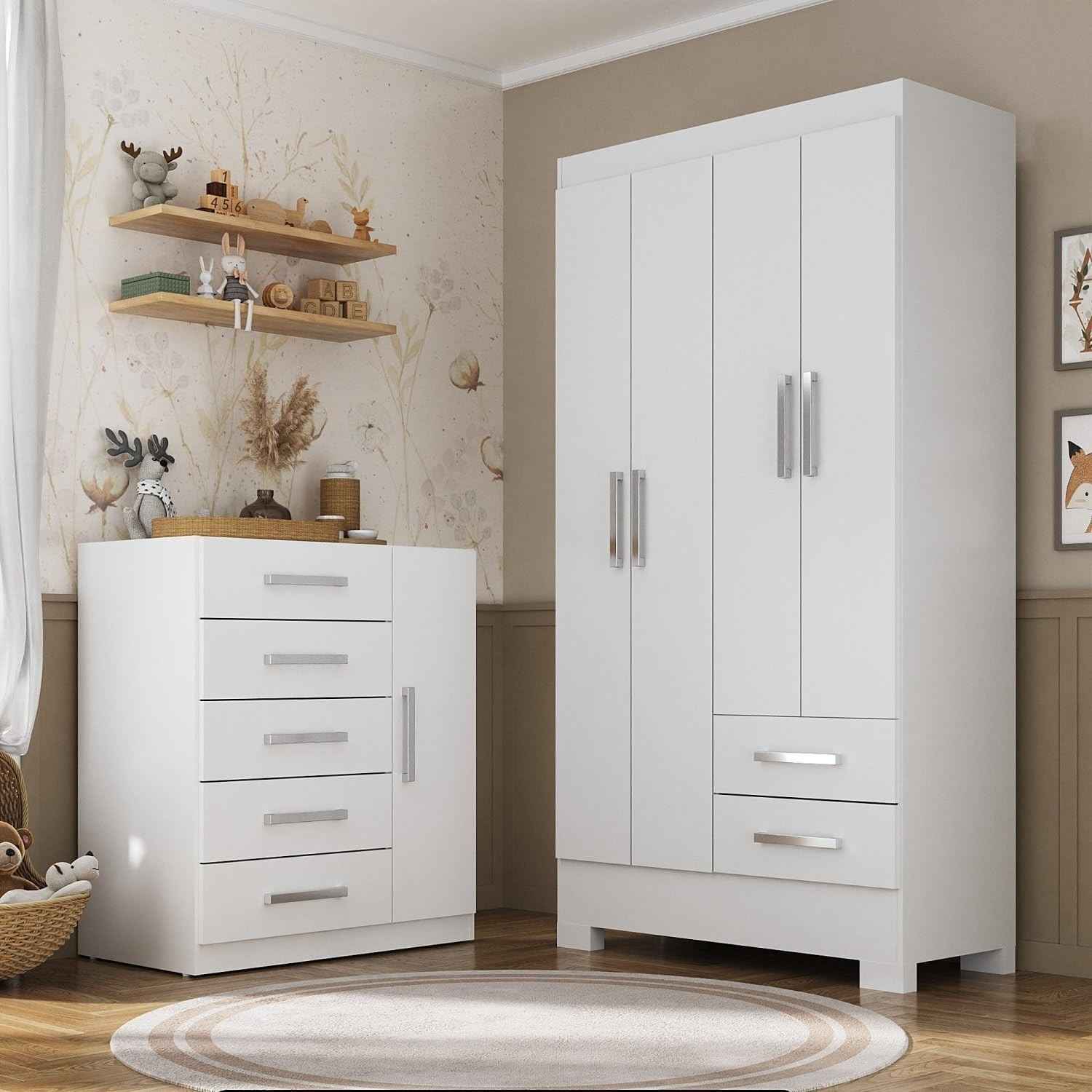 Quarto Infantil Completo com Guarda-Roupa 4 Portas e Cômoda Amy Espresso Móveis Branco