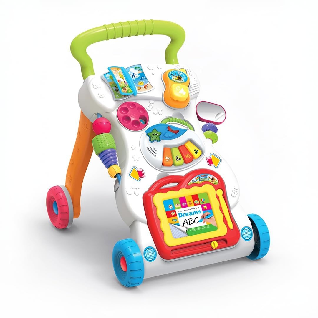 Andador de Empurrar Infantil com Teclado Musical e Lousa Mágica - Estimule Aprendizado e Primeiros Passos