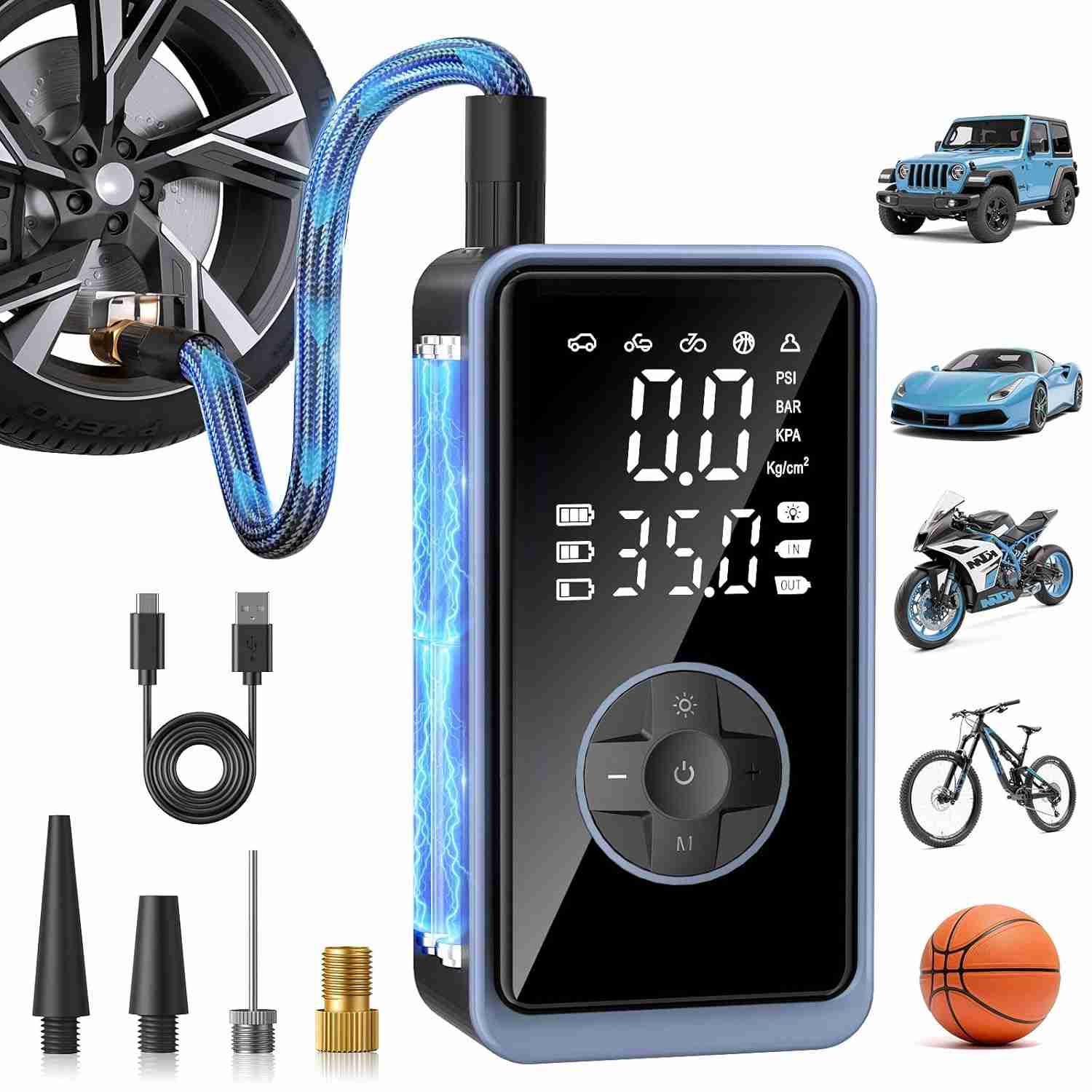 Compressor de Ar Portátil 150PSI 10000mAh: Inflador de Pneu Inteligente para Carro, Moto e Bicicleta