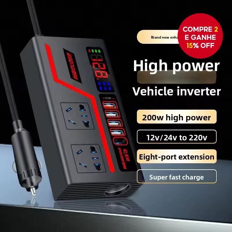 Inversor de Carro 200W 12V/24V com USB-C e QC3.0