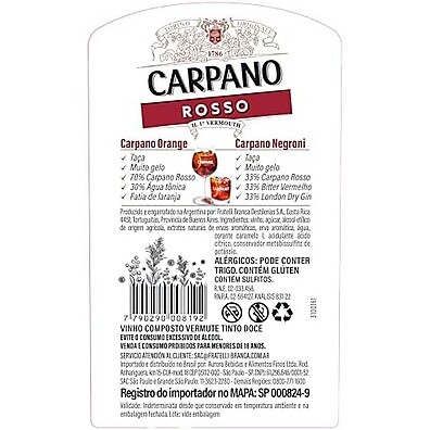 Carpano Rosso: Vermute Italiano Clássico 950ml