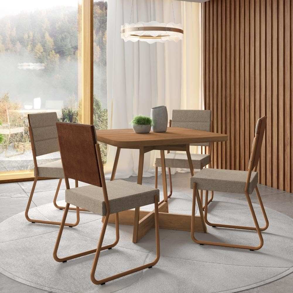 Conjunto de Sala de Jantar Charlotte com 4 Cadeiras Estofadas em Nogal - Design Moderno e Confortável