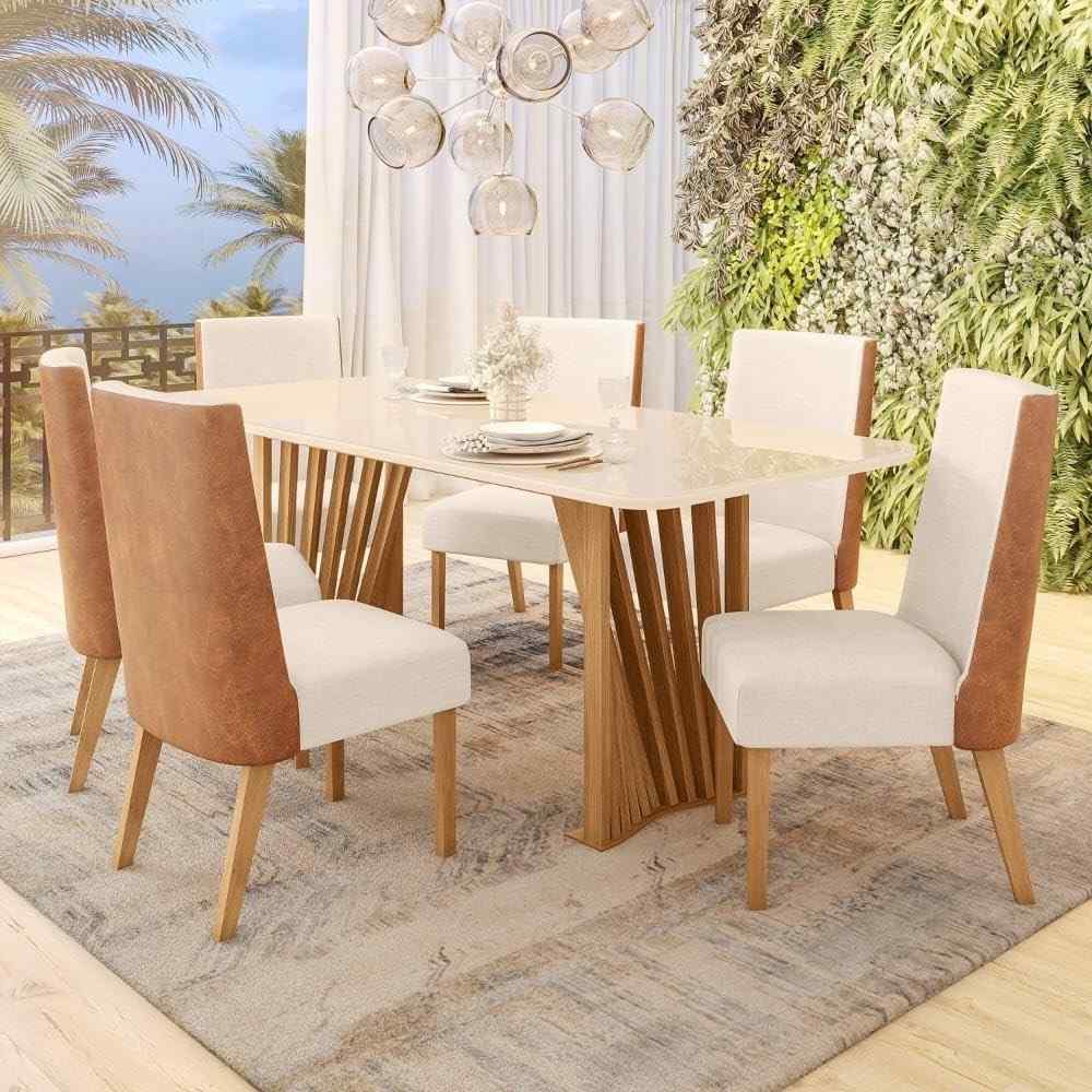 Conjunto Sala de Jantar Milena - Mesa com Tampo MDF/Vidro + 6 Cadeiras em Off White e Linho