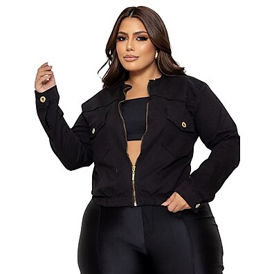 Jaqueta Jeans Plus Size Feminina com Zíper e Lycra