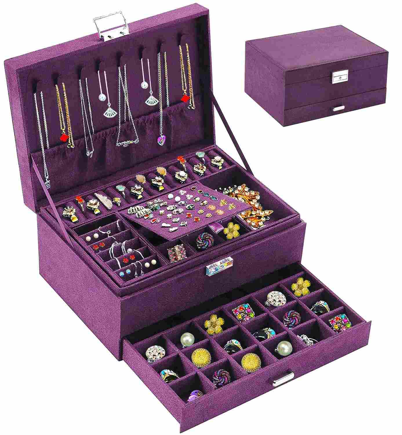 Caixa Organizadora de Joias em Veludo Roxo com Fechadura - Organize com Estilo e Segurança
