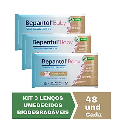 Kit 3 Lenços Umedecidos Bepantol Biodegradáveis – 48un Cada