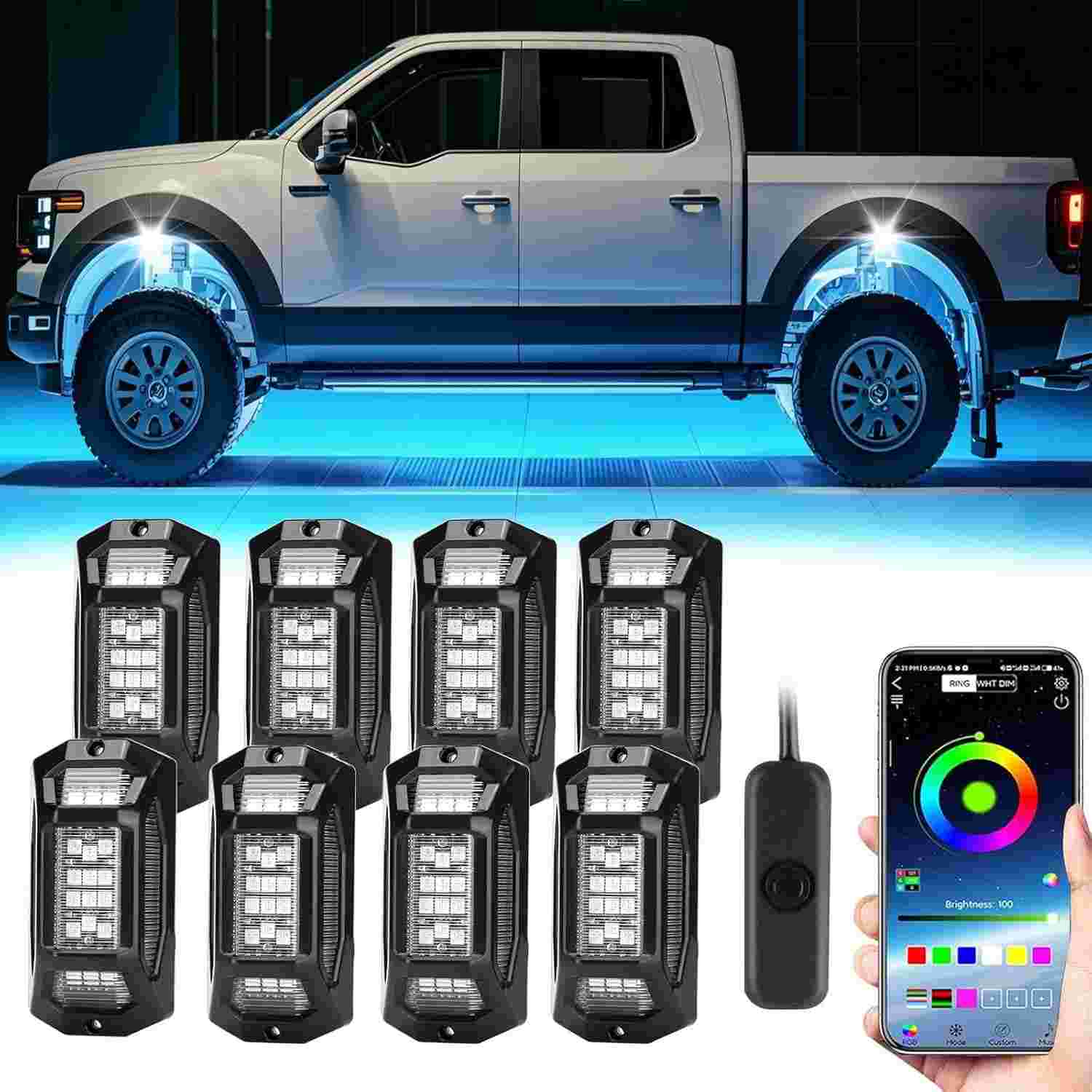 Kit 8 Luzes de Rock LED RGB para Carro e Caminhão YUGUANG - Controle App, Sincronização Musical e IP68