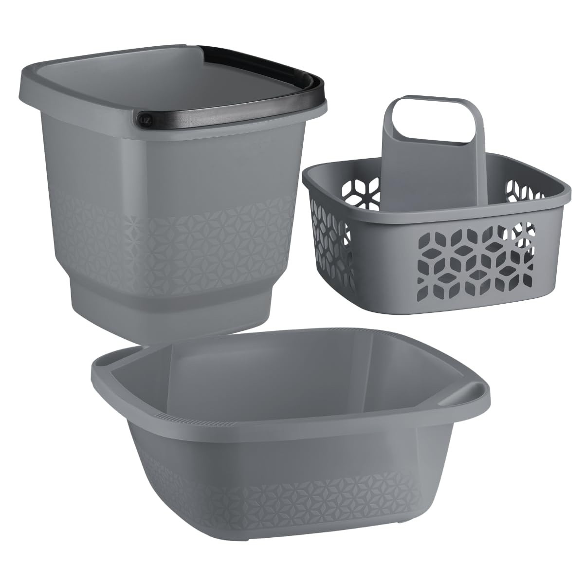 Kit Lavanderia Multiuso Uz - Balde 12L + Bacia 8,5L + Cesto Organizador Cinza