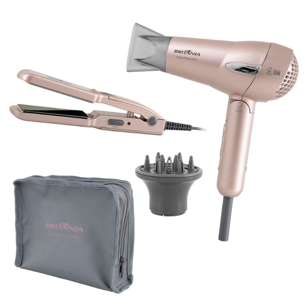 Kit Beleza Travel Rose Gold Britânia: Secador e Prancha Bivolt para Viagem