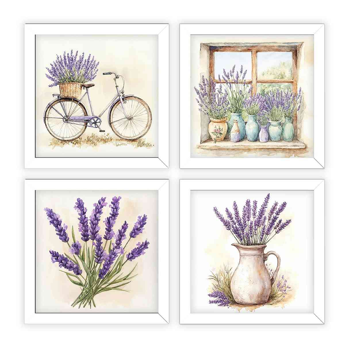 Kit 4 Quadros 18x18 cm - Banheiro, Varanda e Lavanda | Decoração com Estilo Aquarela