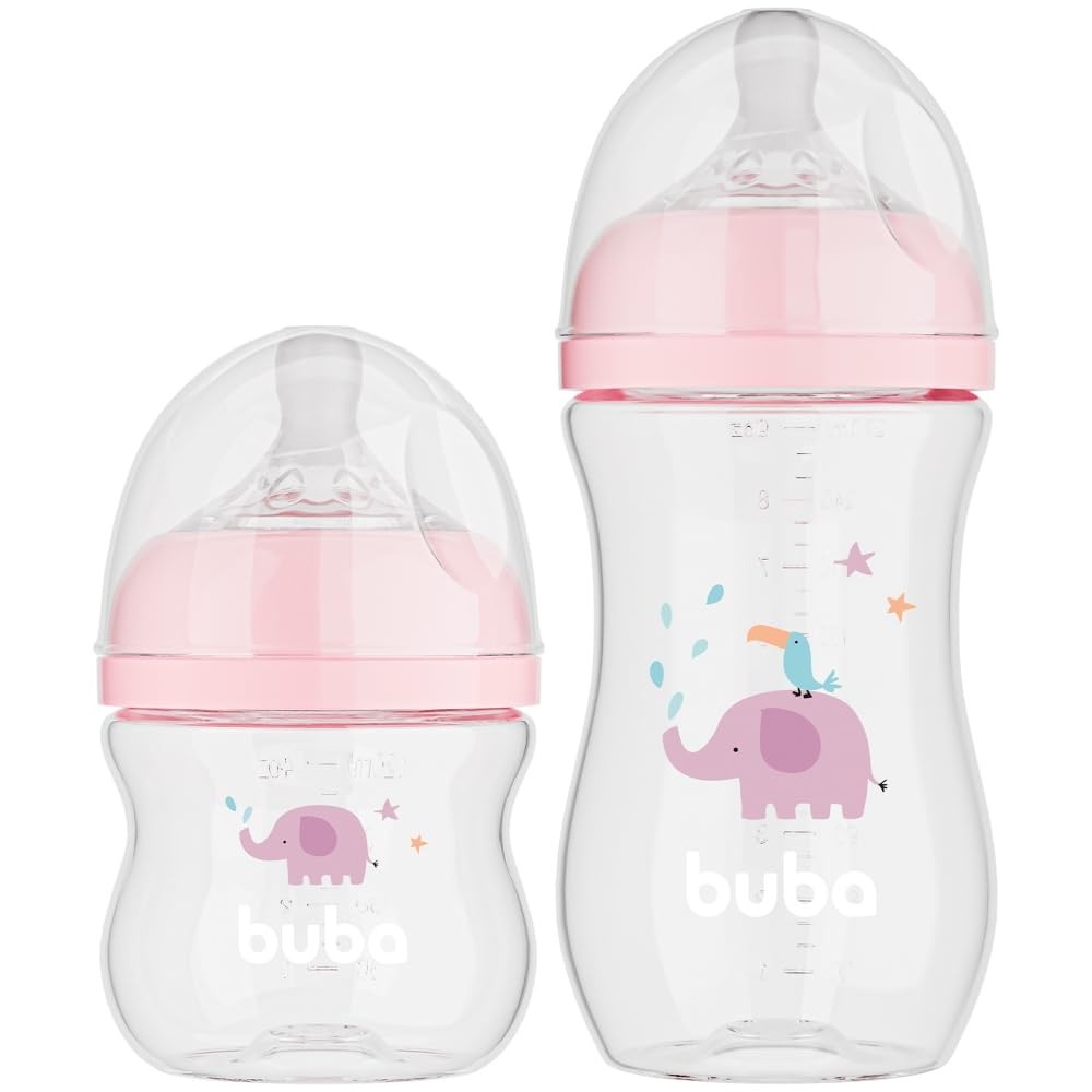Kit 2 Mamadeiras Easy Flow Elefante Rosa 120/270ml - Sistema Anticólico Buba
