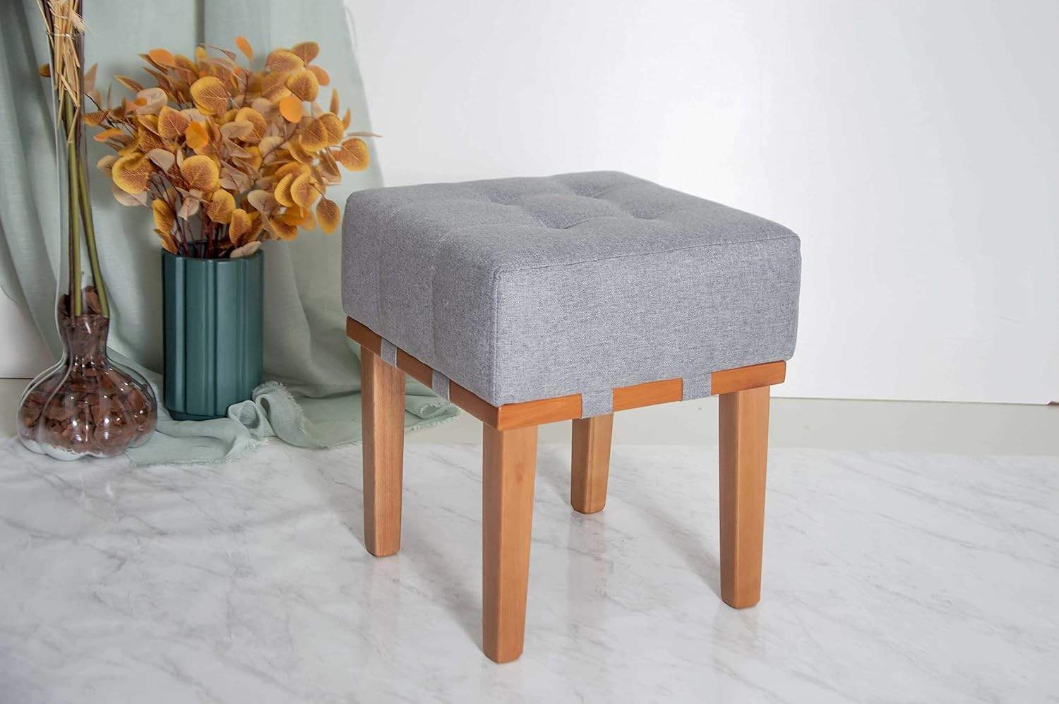 Kit 2 Puffs Apolo em Madeira Maciça - Estilo Banqueta Moderna para Sala de Estar | Linho Cinza Claro Sanna Decor
