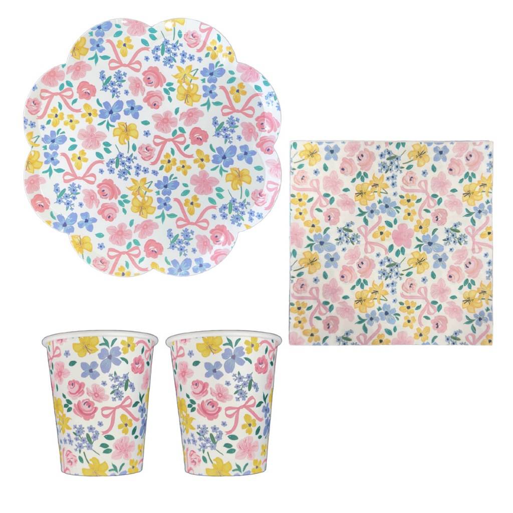 Kit Festa Flores com Laço: 16 Copos, 16 Pratos e 20 Guardanapos
