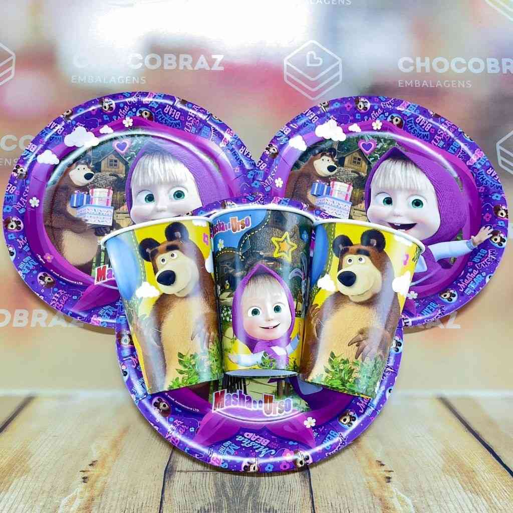 Kit Festa Masha e o Urso: Pratos e Copos Descartáveis