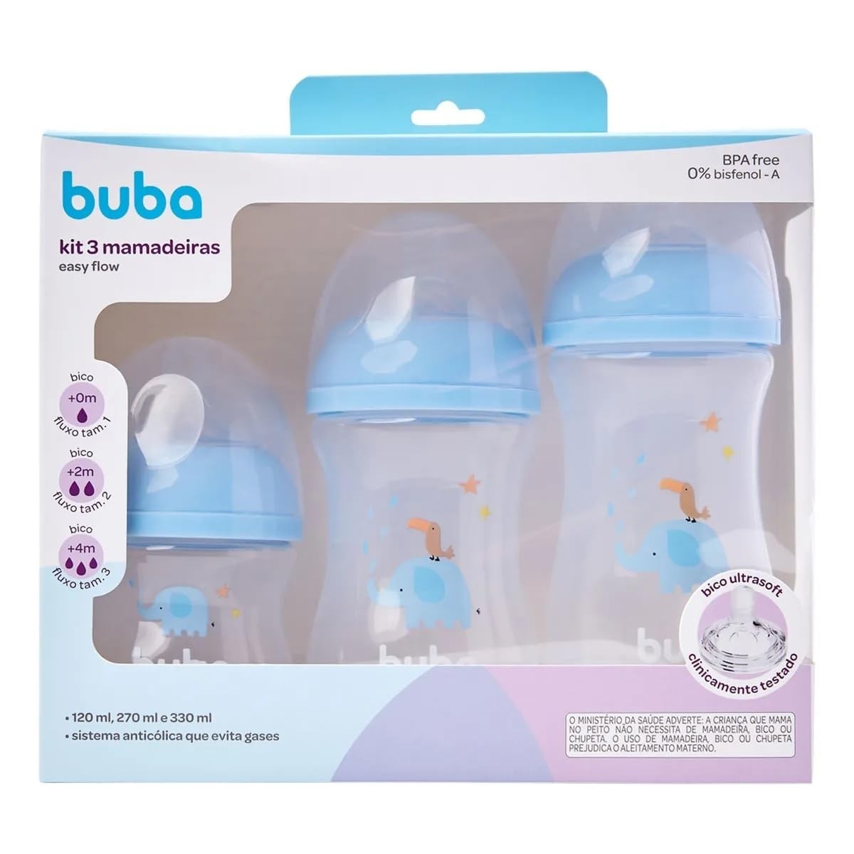 Kit 3 Mamadeiras Easy Flow Elefante Azul 120/270/330ml - Sistema Anticólico para Bebês