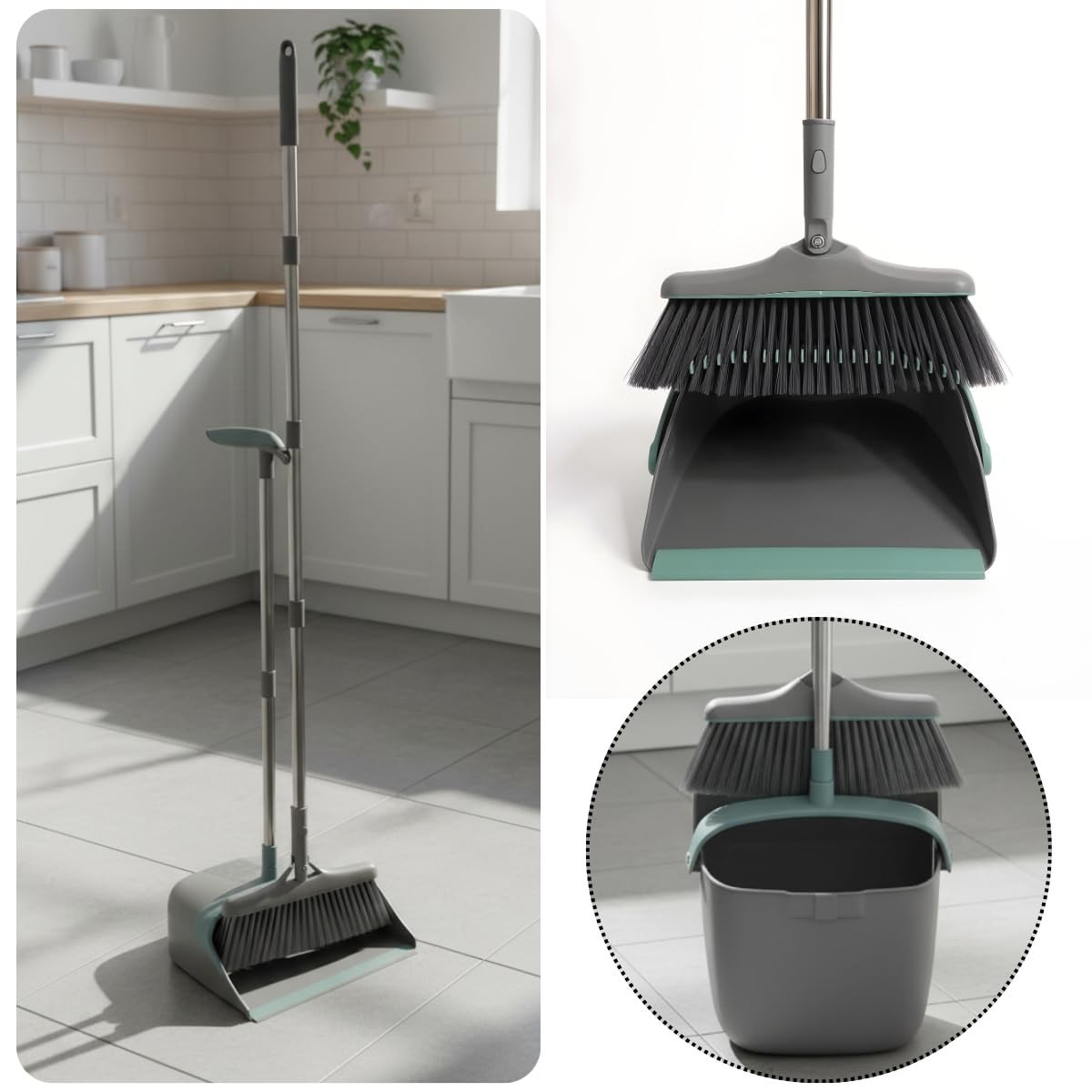 Kit Vassoura e Pá Ajustável 2in1 com Sistema de Limpeza Automático e Suporte de Parede