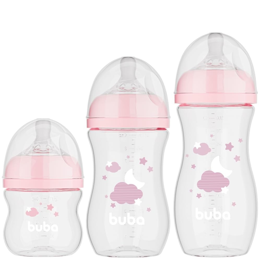 Kit 3 Mamadeiras Easy Flow Nuvem Rosa 120/270/330ml - Sistema Anticólico Buba