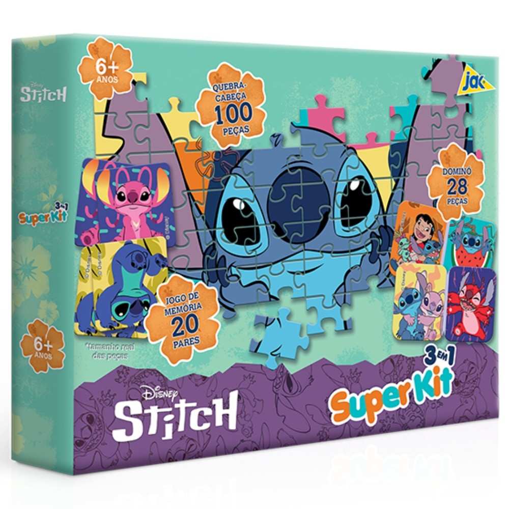 Kit Stitch 3 em 1: Quebra-Cabeça, Dominó e Memória