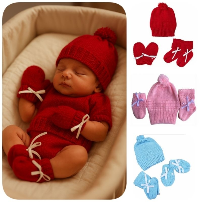 Kit Tricô Bebê 3 Peças: Touca, Luvas e Sapatinho para Maternidade