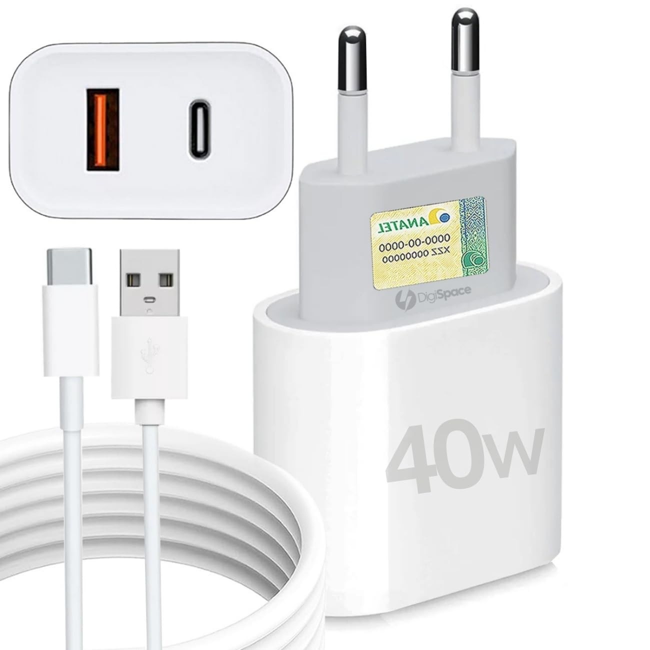 Kit Carregador Turbo 40W Dupla Porta USB-C + USB-A + Cabo Tipo-C: Carregamento Rápido para iPhone 15/16, Galaxy, Tablets e Notebooks