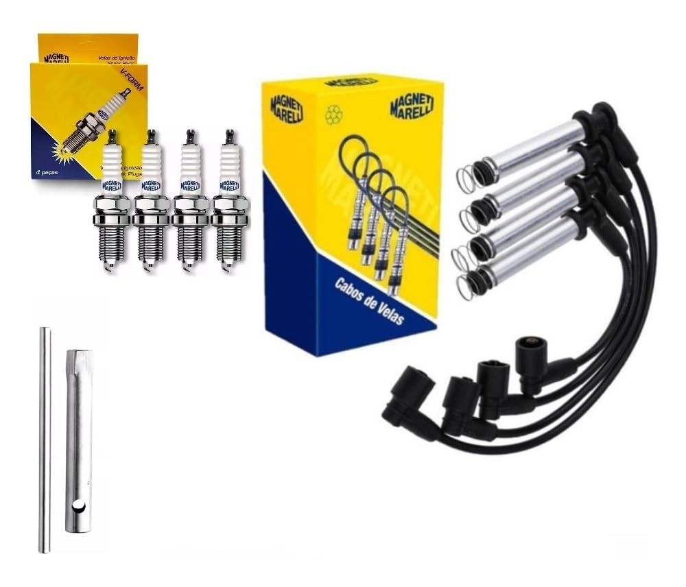 Kit Completo Cabos de Vela + Velas de Ignição Magneti Marelli para Agile, Corsa, Meriva, Montana, Prisma 1.4 8v + Chave