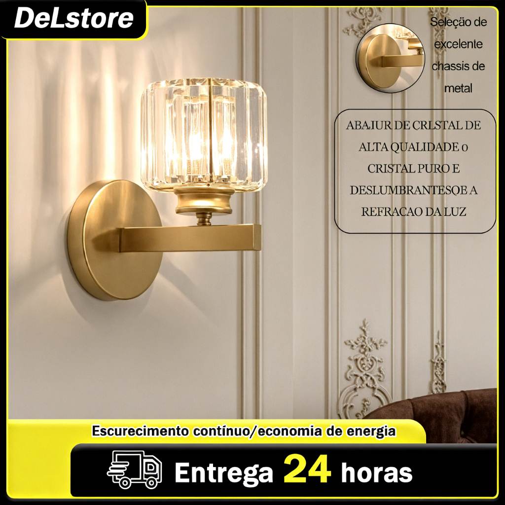 Lâmpada de Parede Moderna em Ouro e Cristal para Sala de Estar