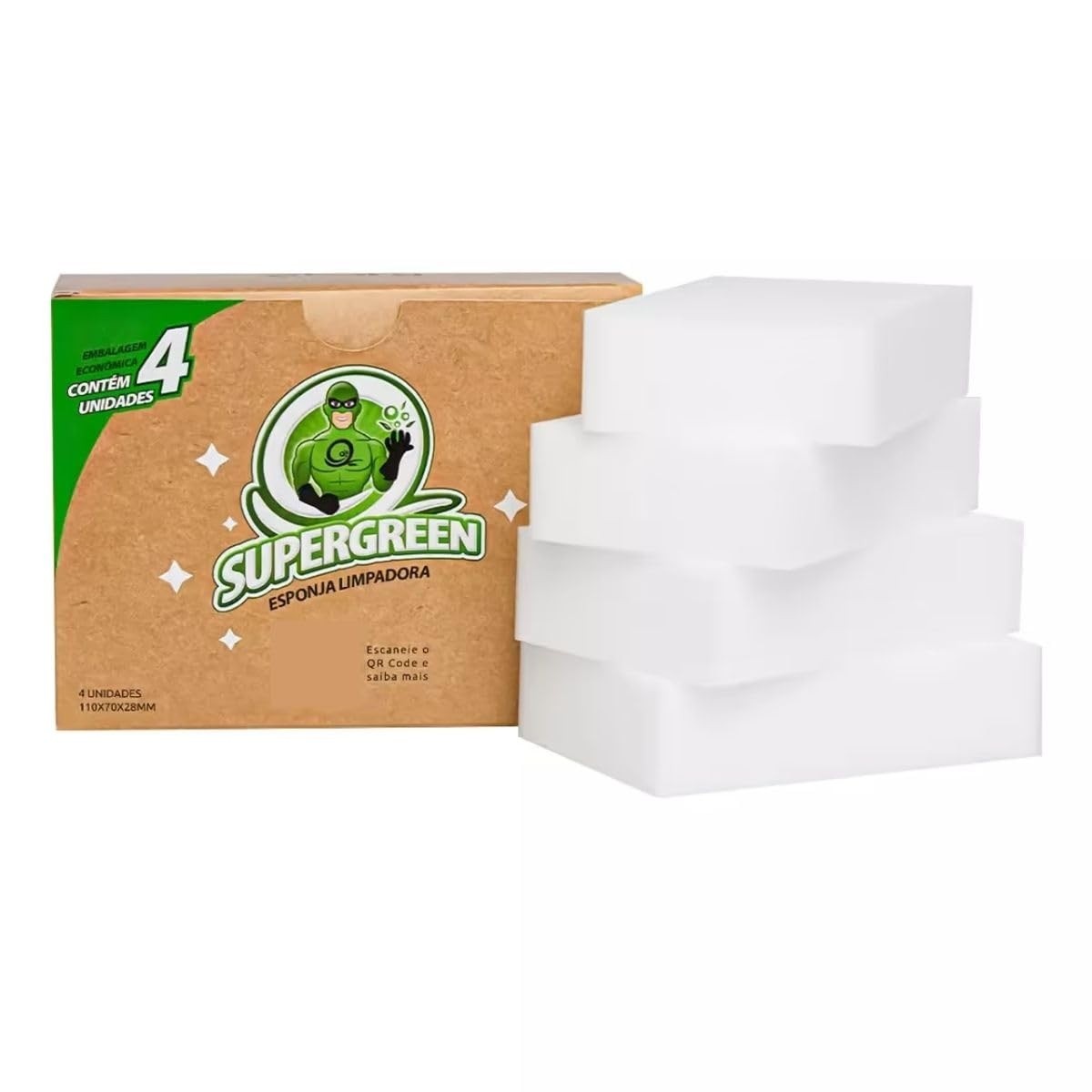 Supergreen Esponja Limpadora (4 Unidades) - Tecnologia Ákora Brasil para Limpeza Sem Produtos Químicos