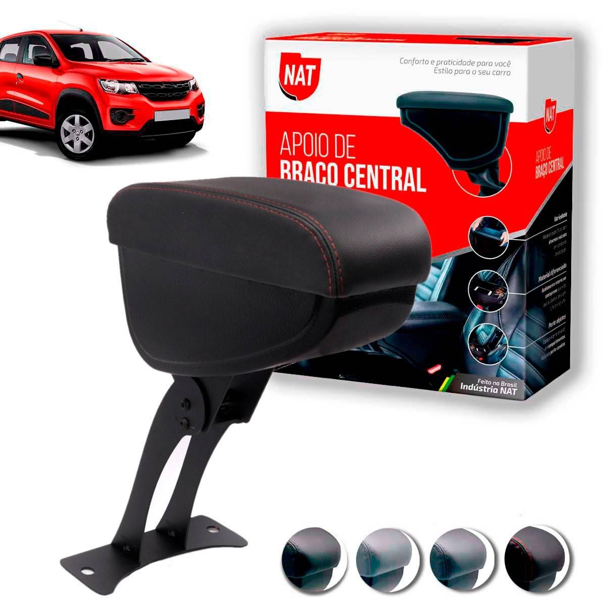 Apoio de Braço Couro Preto C/ Linha Vermelha para Renault Kwid (2017-2021)