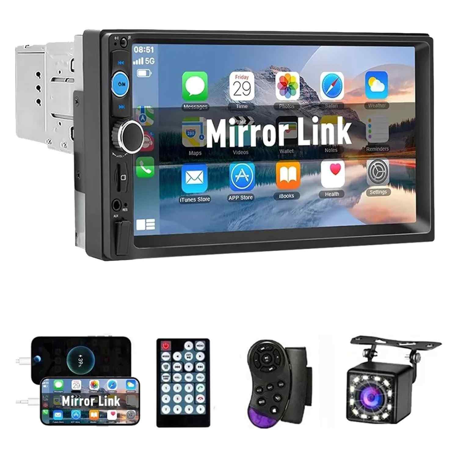 Central Multimídia FINYQBET 1DIN 7" com Mirror Link, Bluetooth e Câmera de Ré - iPhone/Android