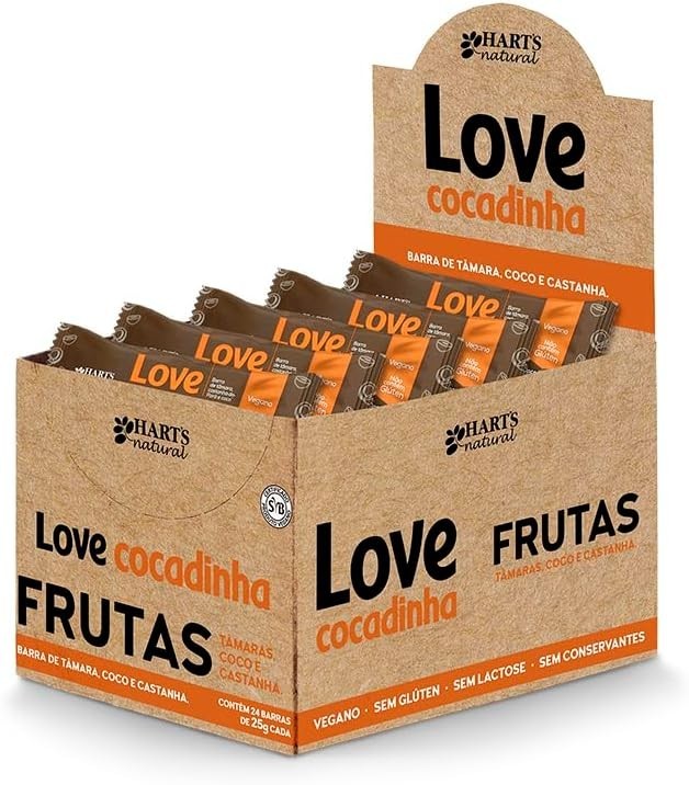 Hart's Natural Barra Love Cocadinha 25g, 100% Natural, Coco Ralado, Tâmaras e Castanha do Pará, Vegana, Sem Glúten, Sem Açúcar, Snack Saudável com Sabor de Cocada (24 unidades)