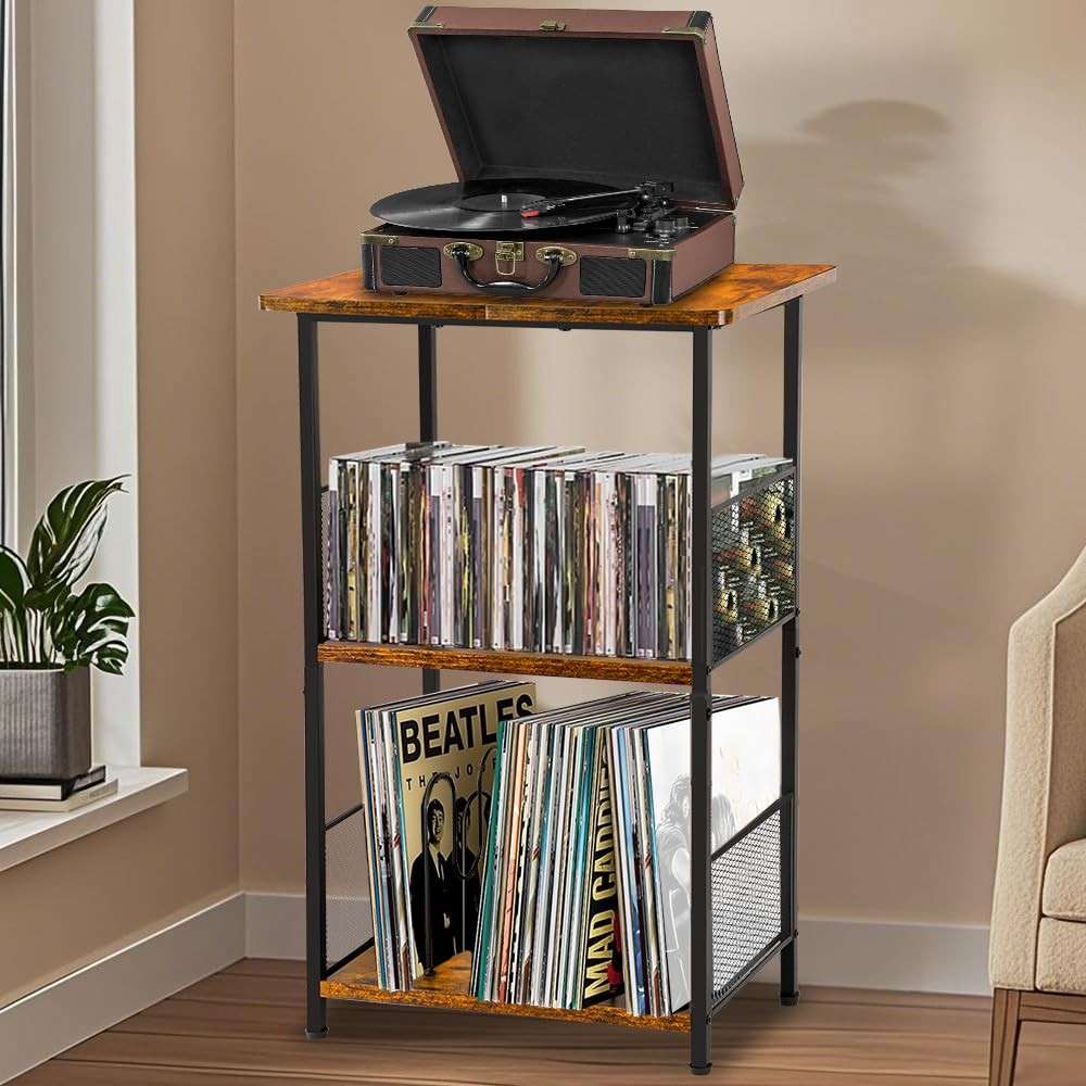 Estante Rack para Discos de Vinil LPs com 2 Divisórias Ajustáveis | Suporte para Toca-Discos e Armazenamento de Até 100 Álbuns