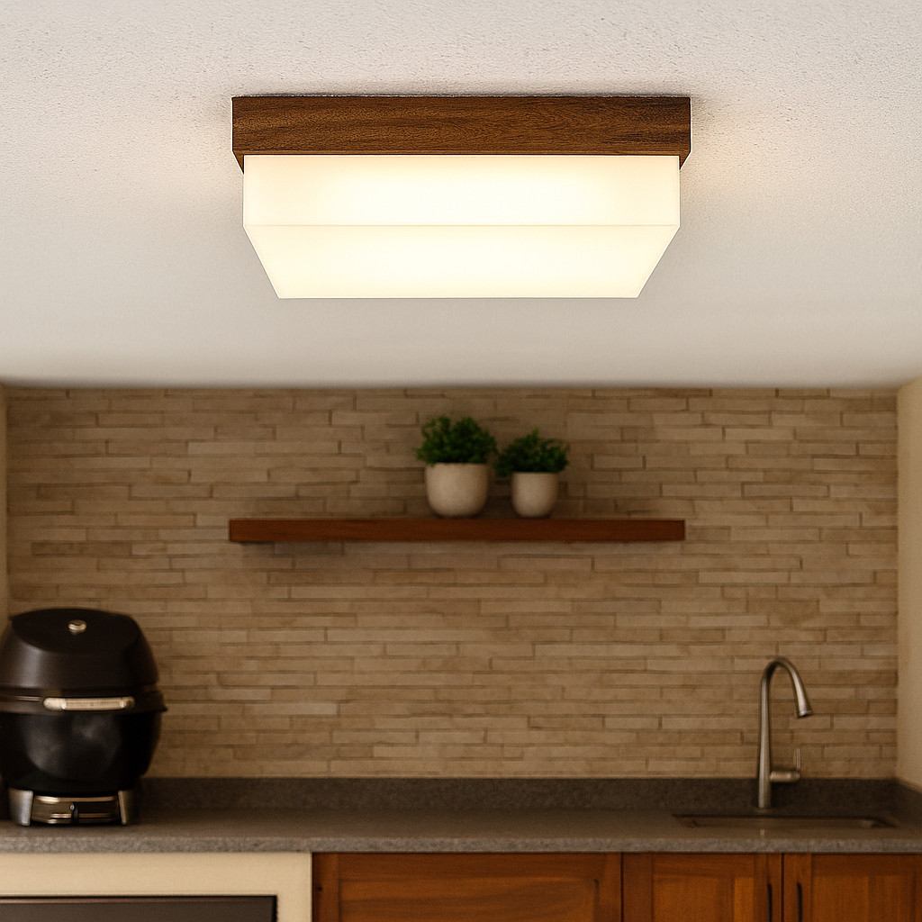 Luminária de Plafon Franja em Madeira e Acrílico 30cm – Design Moderno e Iluminação Perfeita