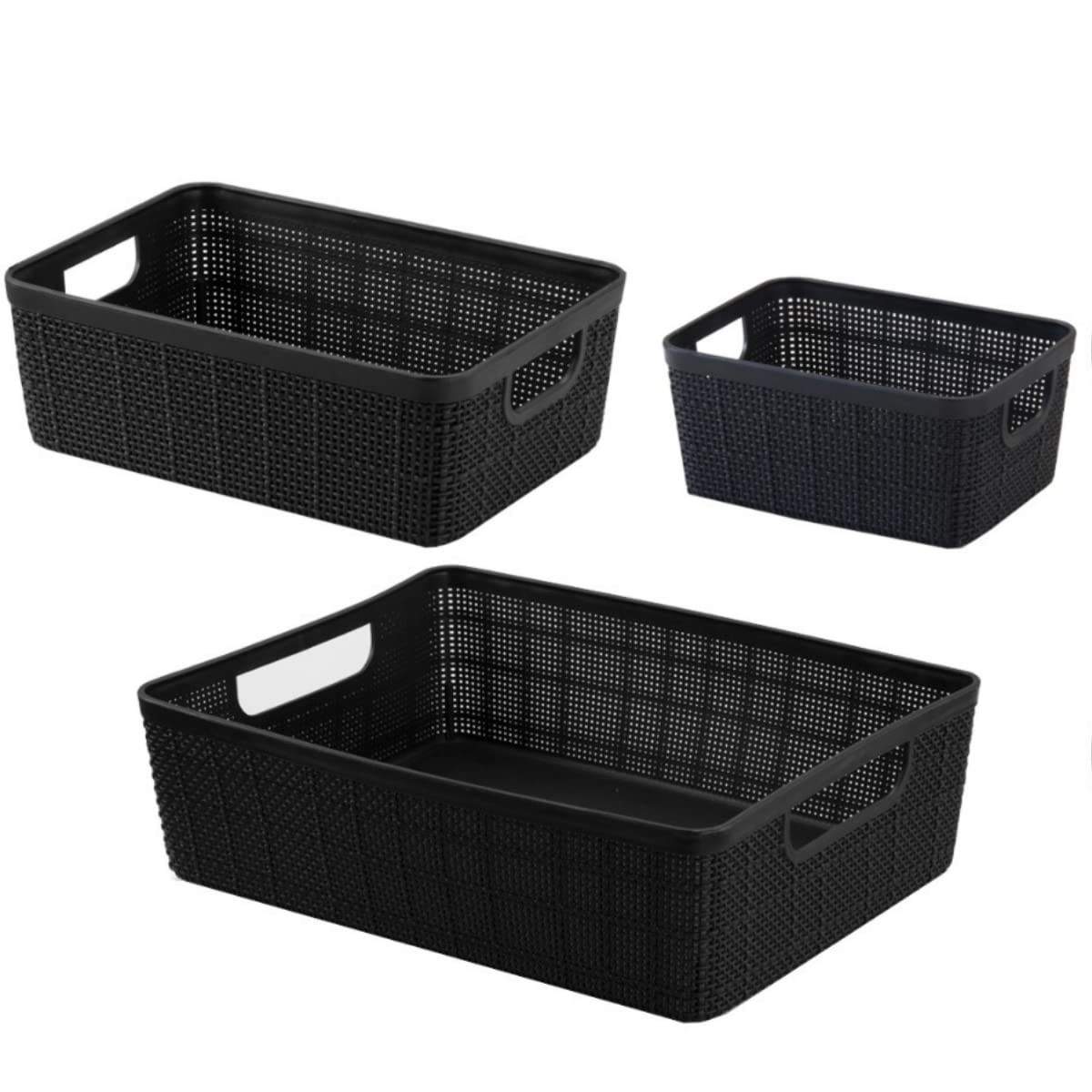 Kit 3 Cestos Organizadores Rattan Home Organizer - Preto | Multiuso P-M-G