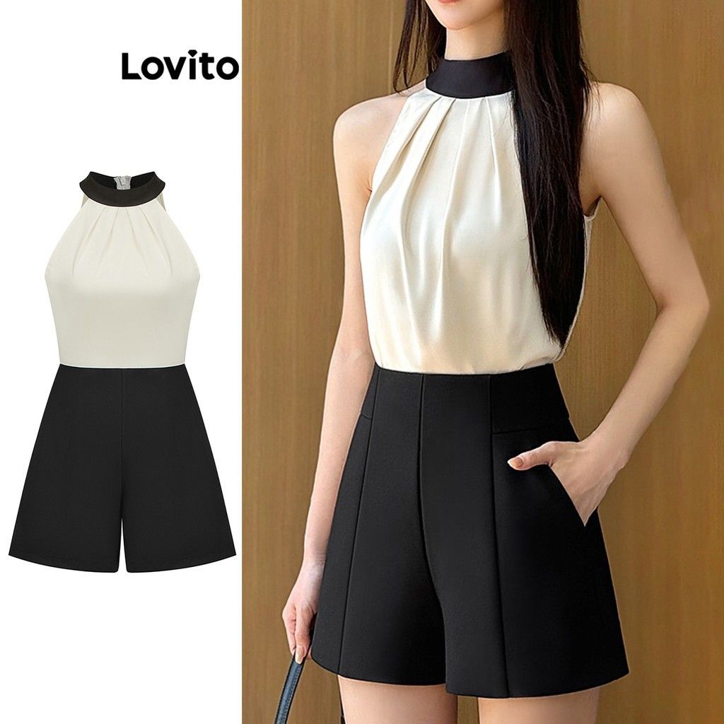 Macacão Feminino Lovito: Plissado, Colorblock e Casual