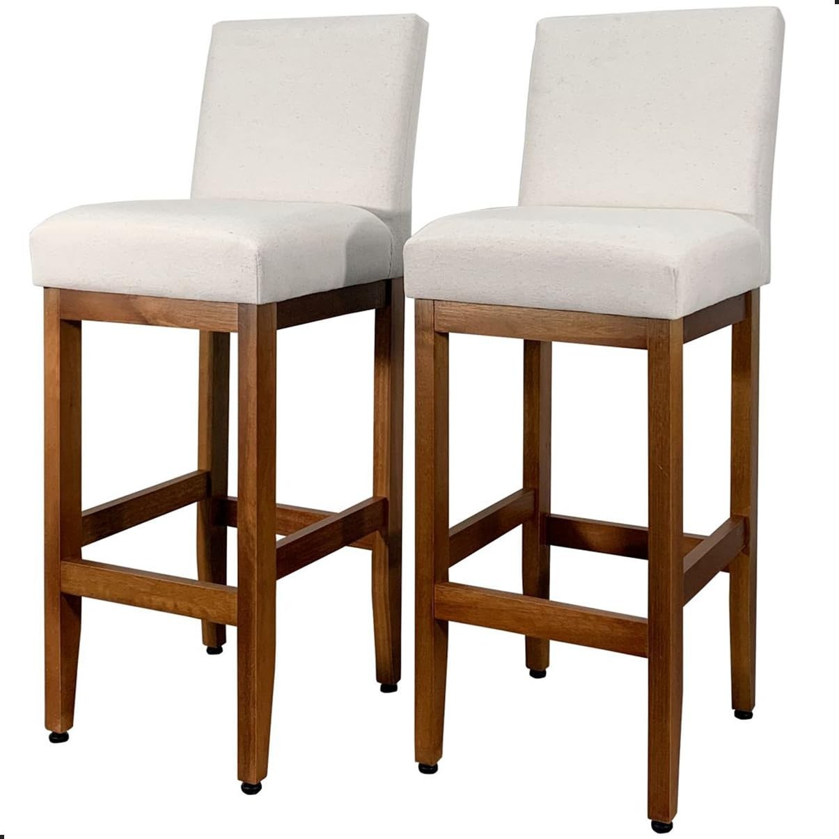 Kit 2 Banquetas de Madeira Maciça com Encosto Estofado em Tecido Linho - Ideal para Cozinha e Ilha Americana