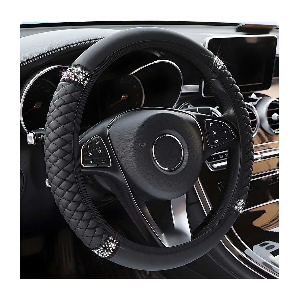 Capa de Volante Brilhante com Strass e Couro Macio - Elegância e Conforto para Seu Carro