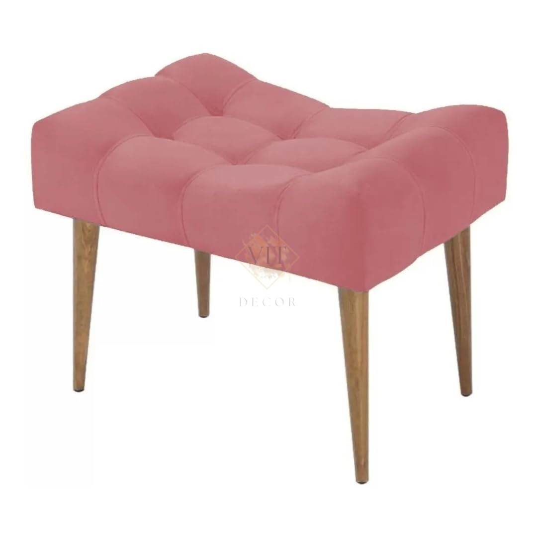 Puff Banco Estofado Capitonê Rose com Pés de Madeira - Assento Decorativo Sofisticado para Sala, Quarto e Hall