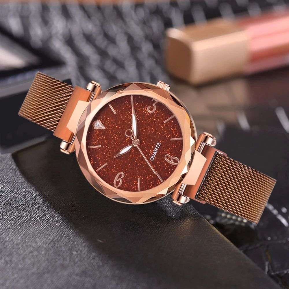 Relógio Feminino de Aço Inoxidável com Design de Céu Estrelado e Fecho Magnético
