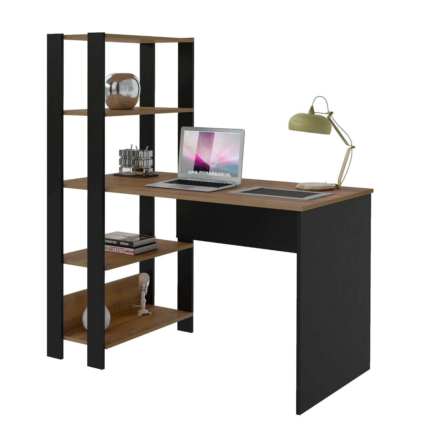 Escrivaninha com Estante Lateral MATCH - Design Industrial Moderno em Preto/Pinho