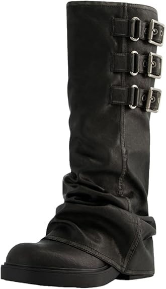 MAVMAX Botas Femininas De Cano Alto Estilo Slouchy - Motociclista Casuais Com Bico Redondo E Plataforma Dobrável, Salto Baixo Grosso Fivela Preta Us8