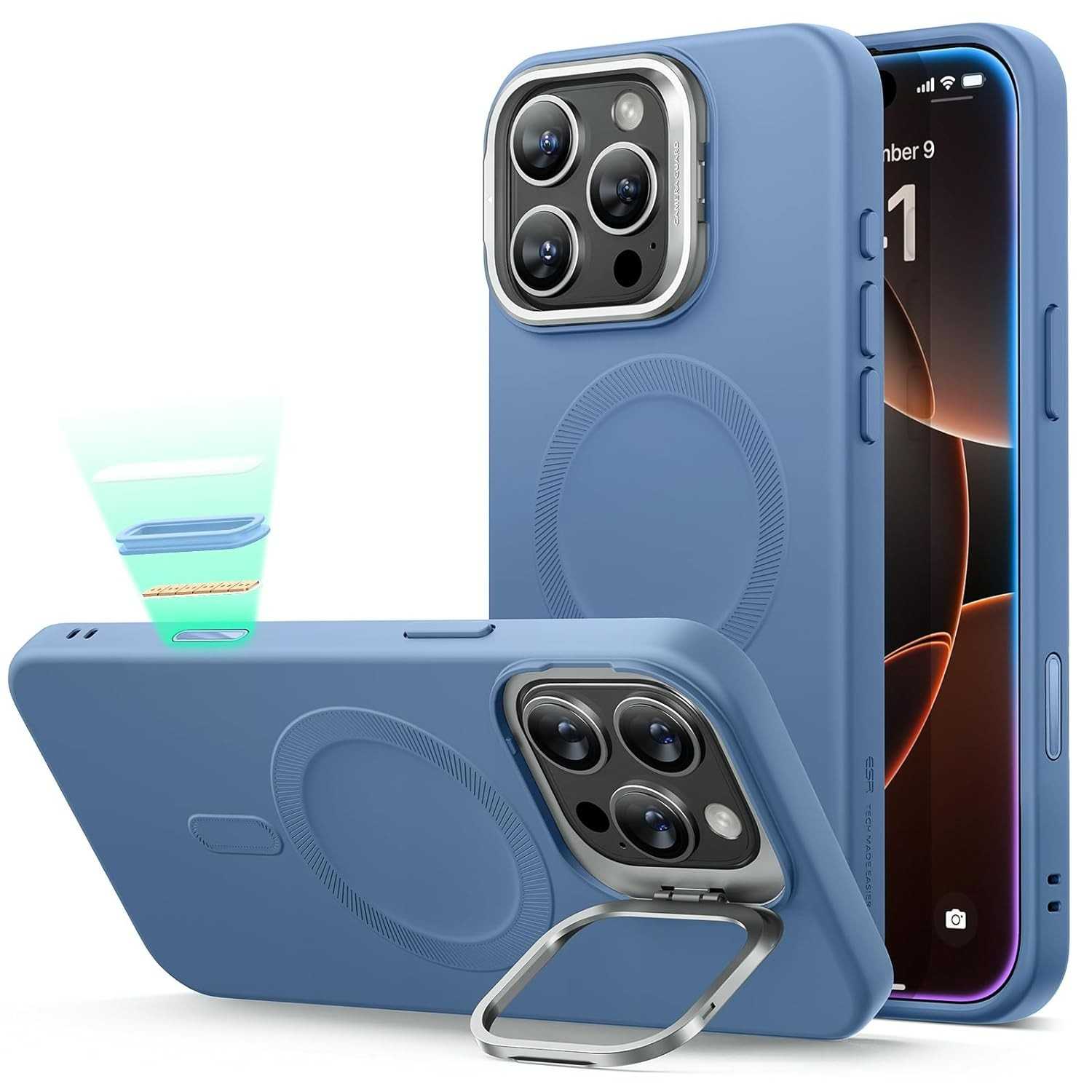Capa ESR MagSafe para iPhone 16 Pro Max: Proteção Militar, Suporte Integrado e Estilo Azul Vibrante