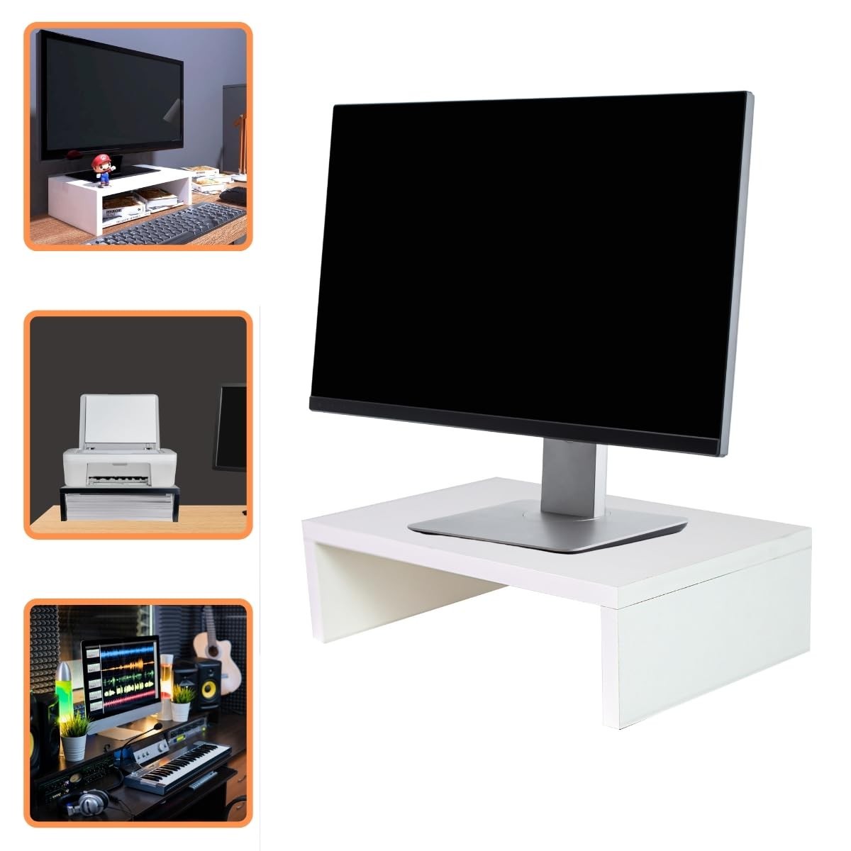 Suporte para Monitor MDF Branco com Armazenamento – Design Moderno para Escritório e Casa