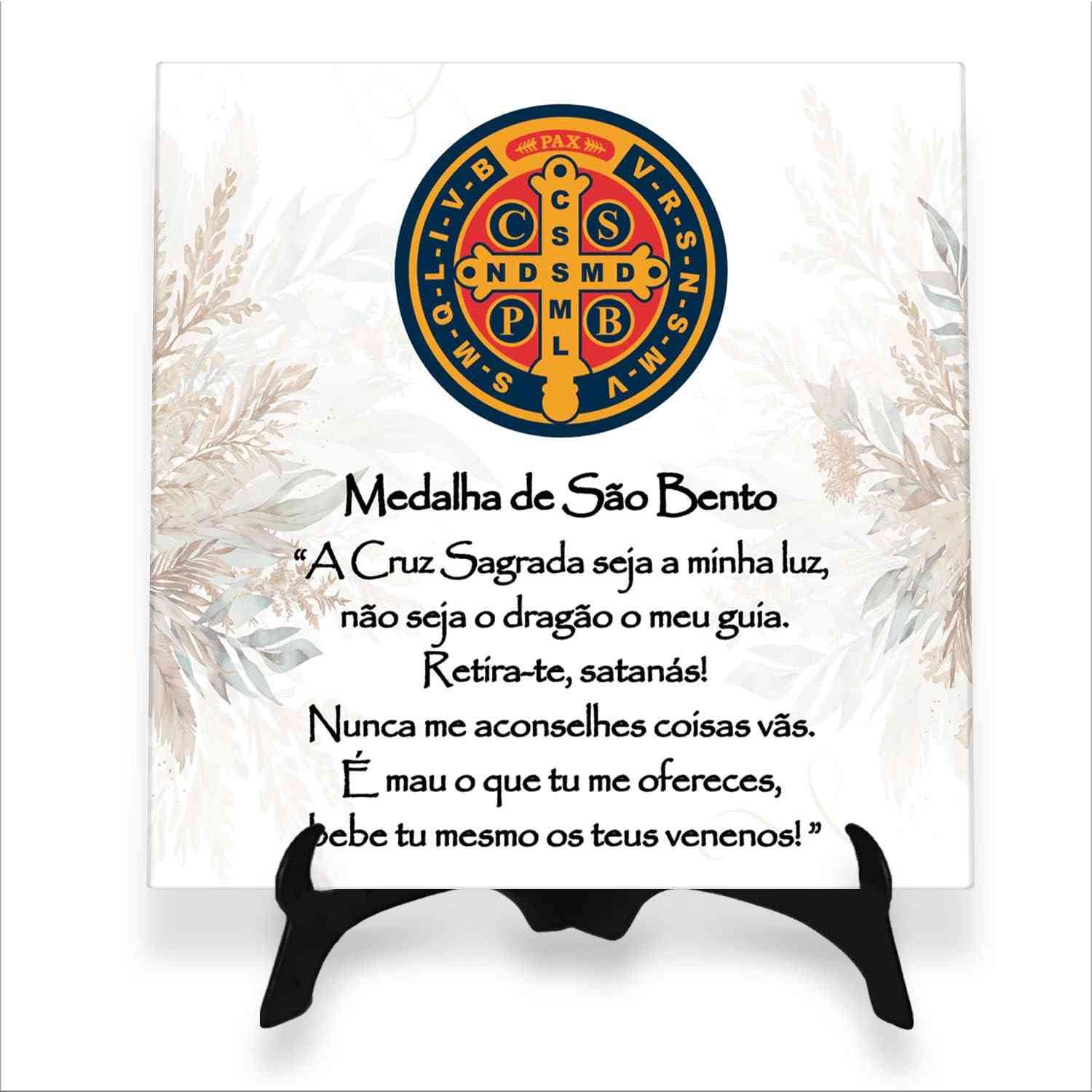 Quadro Oração Medalha de São Bento - Azulejo 15x15cm para Devoção e Bênçãos
