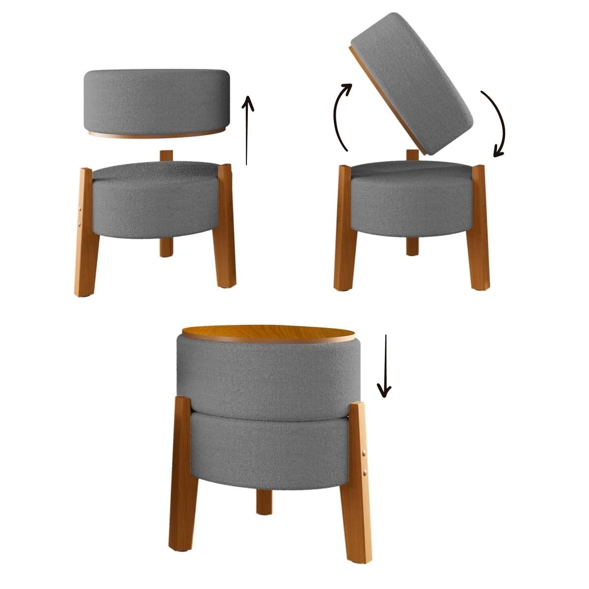 KIT 2 Puffs Estilo Mesa em Tecido Bouclê Cinza com Pés de Madeira Maciça - Design Sofisticado e Multifuncional