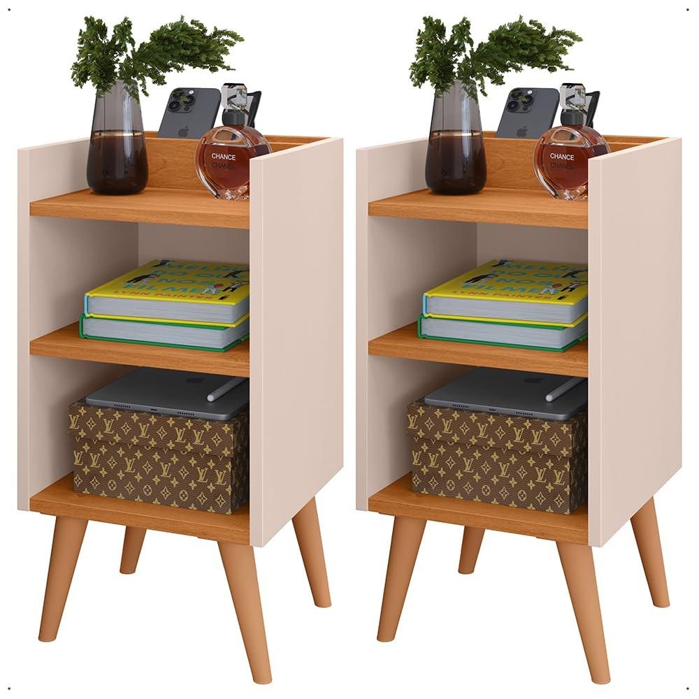 Conjunto de Mesas de Cabeceira Charme Retro com Nicho Organizador - 2 Unidades Off White e Cinamomo
